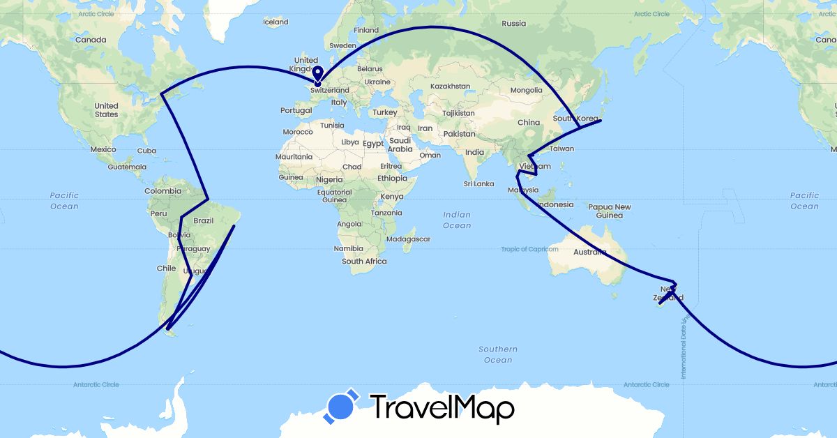 TravelMap itinerary: driving in Argentina, Bolivia, Brazil, Canada, Chile, France, Japan, Malaysia, New Zealand, Singapore, Thailand, Vietnam (Asia, Europe, North America, Oceania, South America)